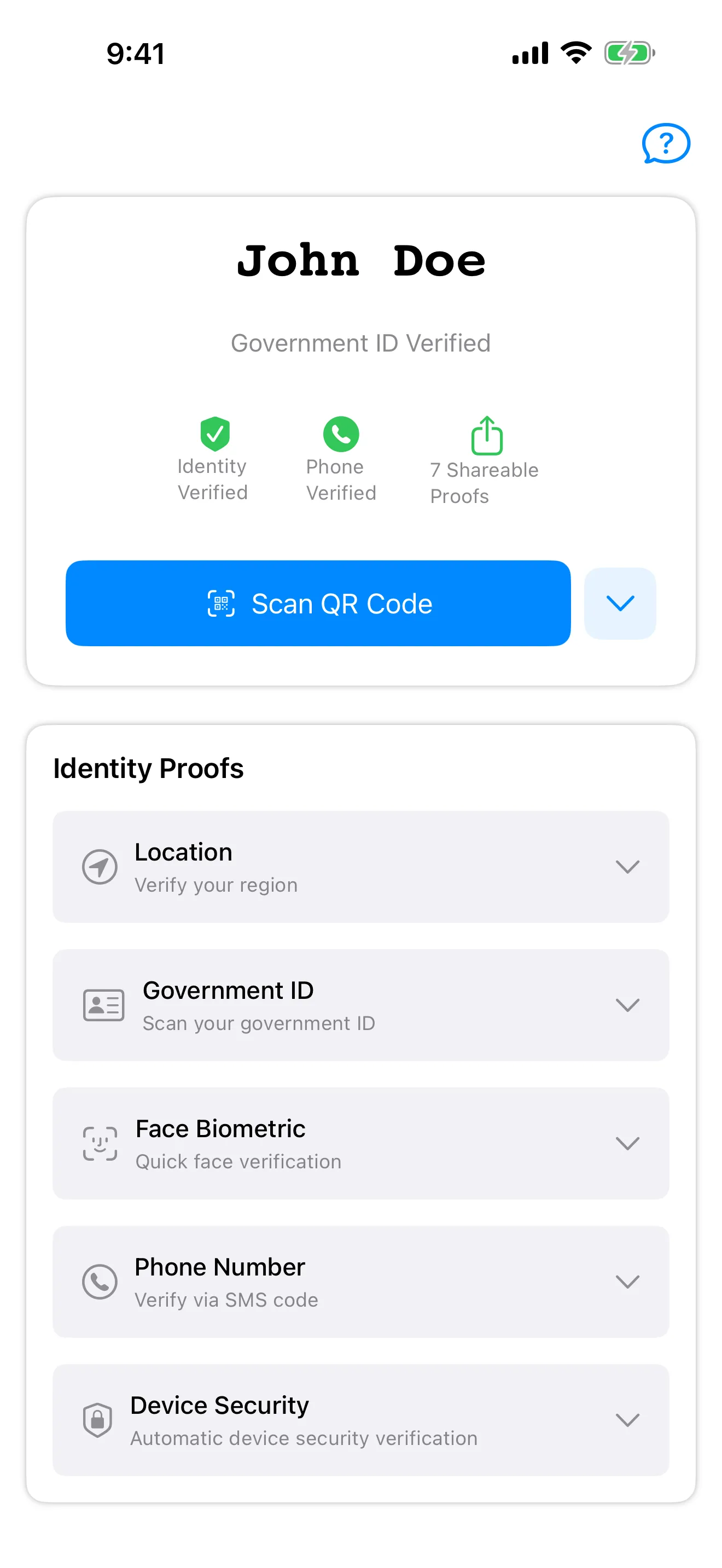 Polyguard Mobile identity dashboard on iOS showing verified identity proofs and Scan QR Code button
