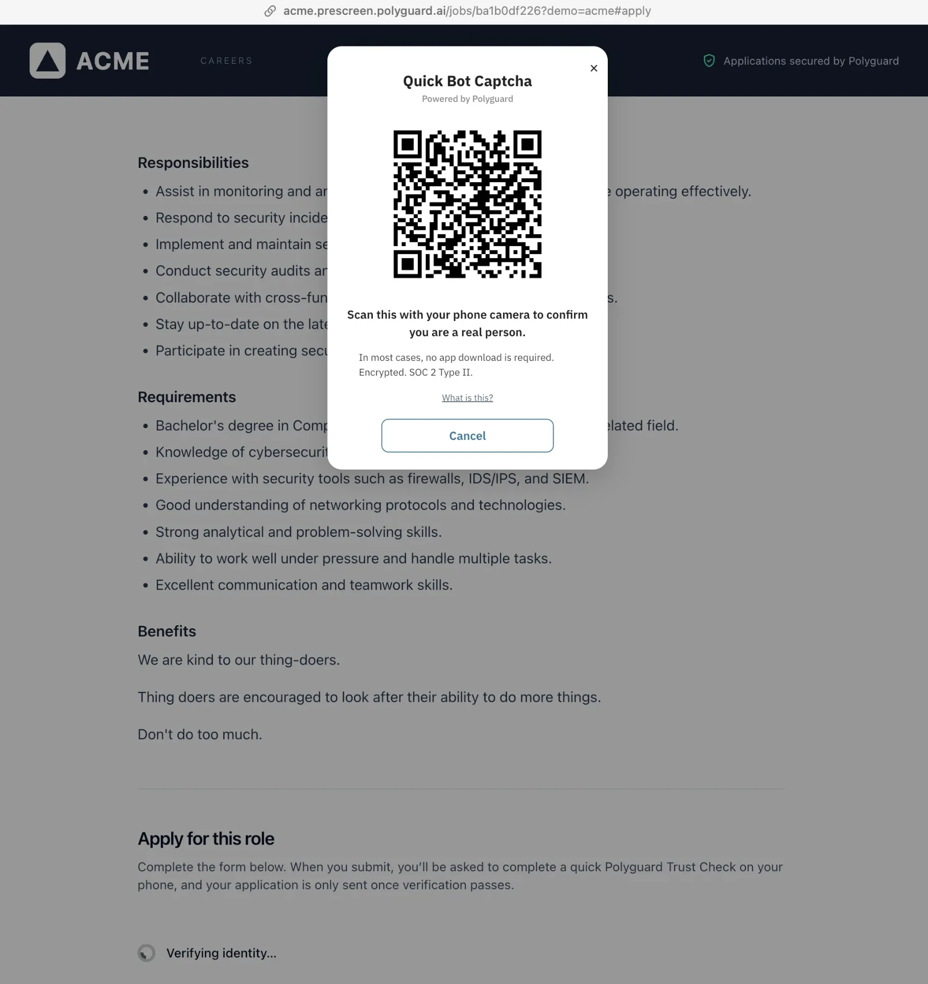 A careers page with the Polyguard bot check open: the applicant scans a QR code with their phone camera to confirm they are a real person before the application is sent.