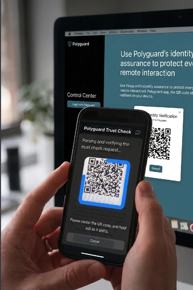A candidate holding their phone up to a laptop screen to scan the Polyguard Trust Check QR code.